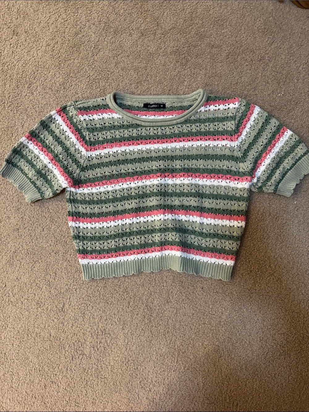 Striped Knit Crop Sweater - Green, White & Pink